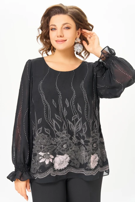 Блузка Swallow 803.4 Чёрный, принт нежно- розовые цветы #1