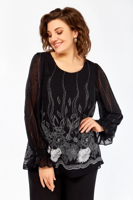 Блузка Swallow 803.5 Чёрный, принт белые цветы #1