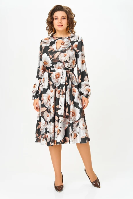 Платье Swallow 707.2 Чёрный, принт «бежево-молочные пионы» #1