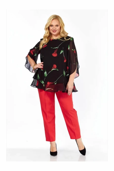 Брючный костюм Элль-стиль 2213/11 черный принт цветы #1