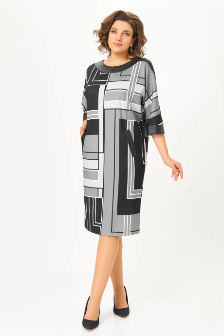 Платье Swallow 888 Принт «геометрия» в чёрном, сером и молочном цветах #1