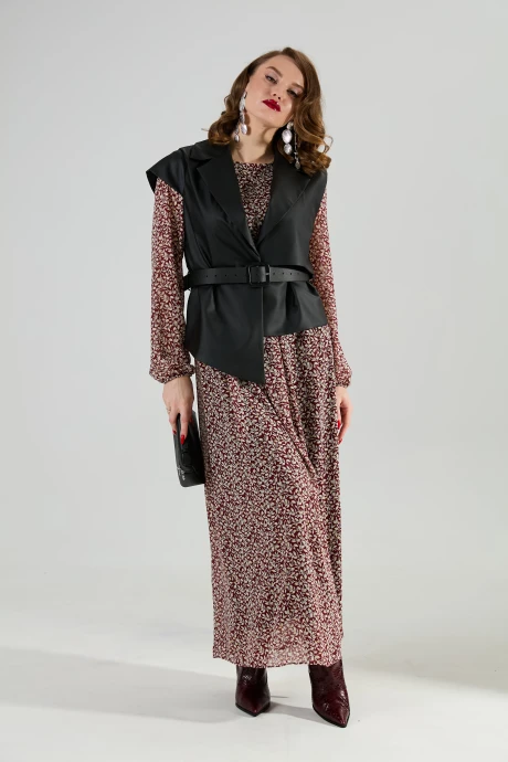 Костюм с платьем NikVa н1020-4 листочки бургунди и чёрный двойка #1