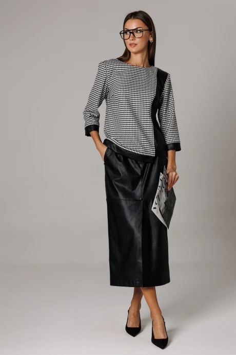 Юбочный костюм Ларс Стиль 1174 черный, молочно-черный принт двойка #1