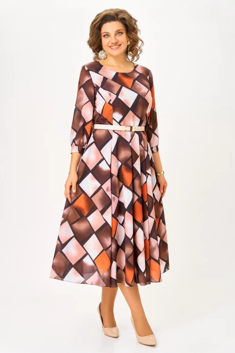 Платье Swallow 894 Тёмно-коричневый_принт «бежевые_оранжевые ромбы #1