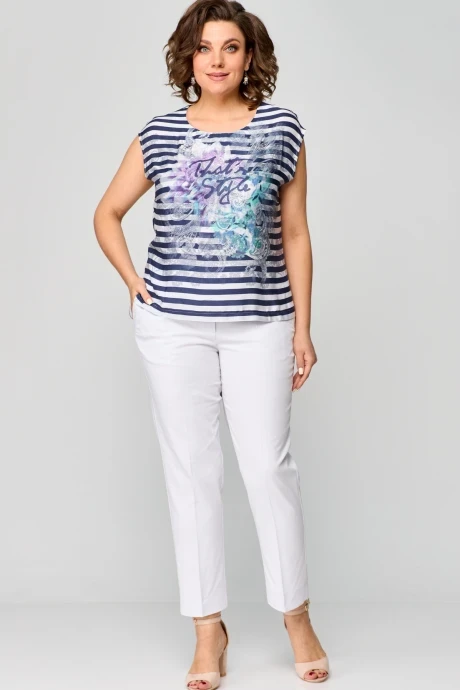 Брючный костюм из хлопка *Распродажа БелЭльСтиль 862+586 белый+принт полоска #1