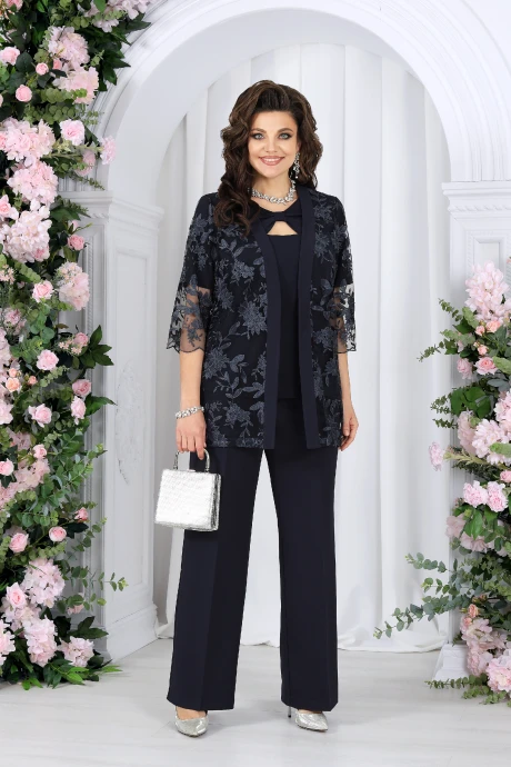 Брючный костюм Нинель Шик 7498 темно-синий тройка #1