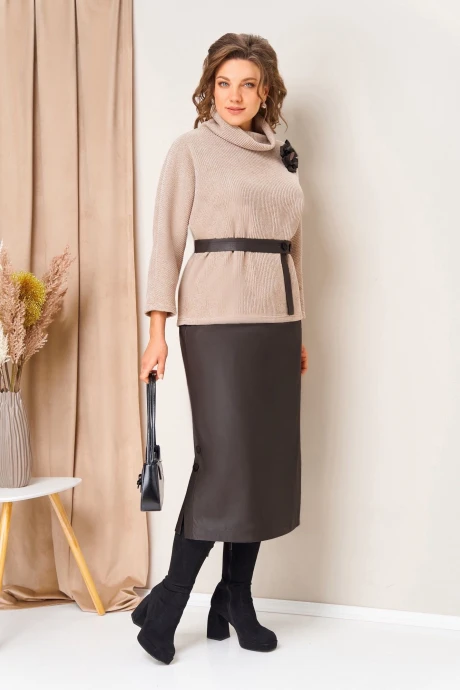 Юбочный костюм VOLNA 1447 бежево-шоколадный #1