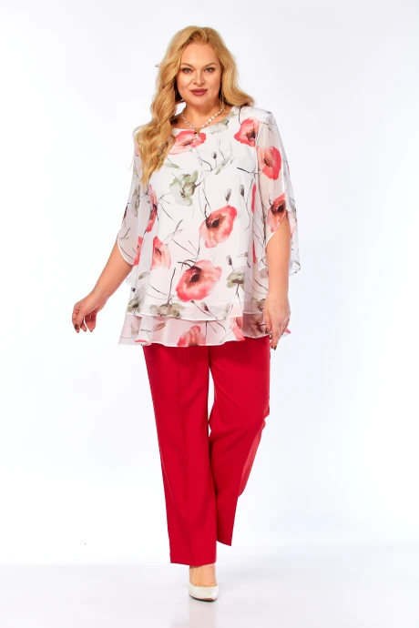 Брючный костюм Элль-стиль 2213/13 красный белый принт маки #1
