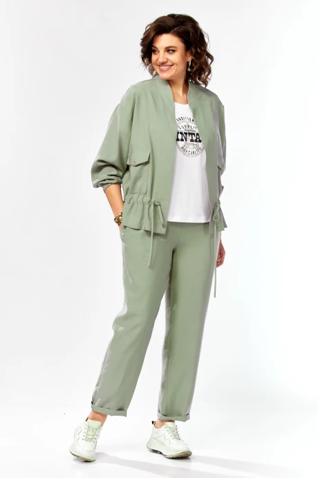 Брючный костюм Ольга Стиль 1011 серо-зеленый тройка #1