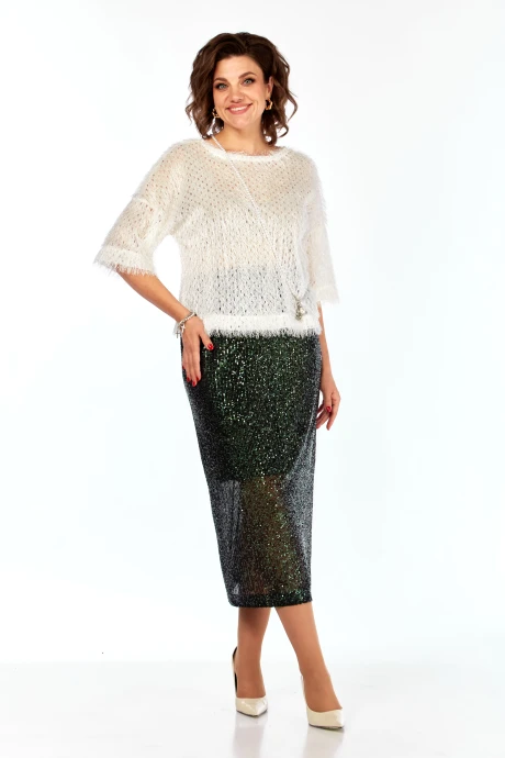 Юбочный костюм *Распродажа Ольга Стиль Л413 двойка молочный -зеленый #1
