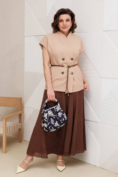 Юбочный костюм Anastasia 1347 бежевый-шоколад двойка #1