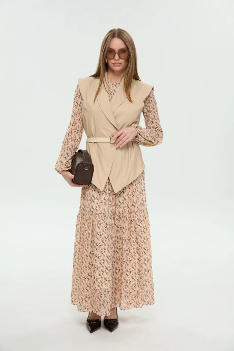 Костюм с платьем NikVa 1046-1 крем-брюле_и_бежевый_мультиколор двойка #1