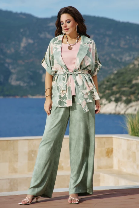 Брючный костюм *Распродажа Vittoria Queen 27913 зеленый меланж, принт тройка #1