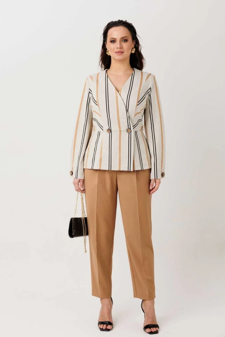 Брючный костюм MisLana 1303 беж - полоска/горчичный двойка #1
