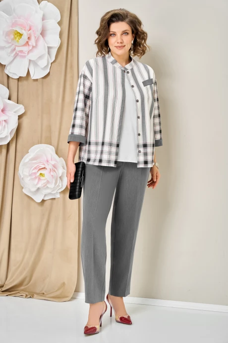 Брючный костюм VOLNA 1465 серо-белый тройка #1