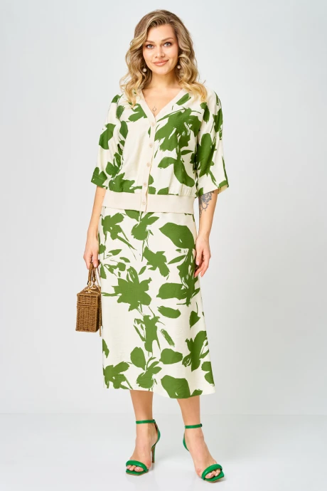 Юбочный костюм Твой Имидж 2386 молочный_с_зеленым_принтом двойка #1