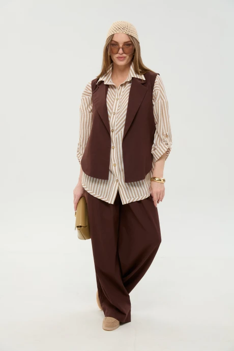 Брючный костюм NikVa 956-4 шоколад_и_песочные_полосы тройка #1
