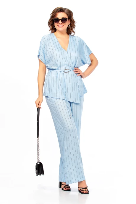 Брючный костюм Ольга Стиль 1023 голубой-полоска двойка #1