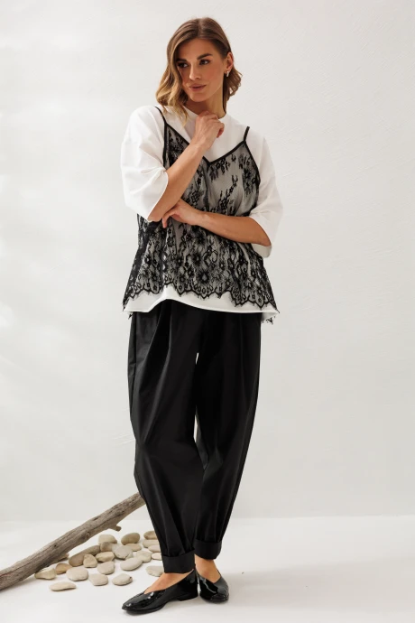 Брючный костюм Ларс Стиль 1218 оттенки молочного, черного двойка #1