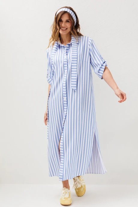 Платье Ларс Стиль 1232 голубой, молочный принт полоса #1