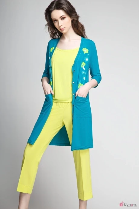 Брючный костюм Teffi Style 1190/2 темная бирюза/топ и брюки лайм #1